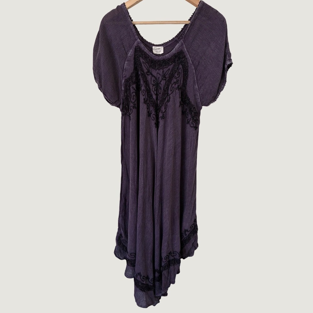 Exist Purple Embroidered Gauze Tunic Dress Boho Fairy Grunge Goth Sharkbite Hem